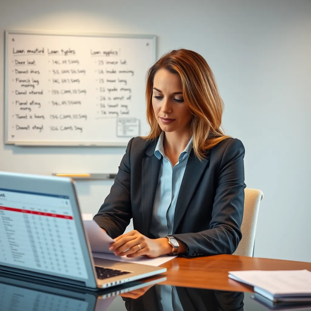 A modern, professional office setting. A businessperson, Lisa, is sitting at a desk reviewing a loan application. A laptop displaying a spreadsheet with financial data is on the desk.  On the wall behind Lisa is a whiteboard with handwritten notes about loan types and interest rates.  The scene should convey a sense of knowledge and expertise.