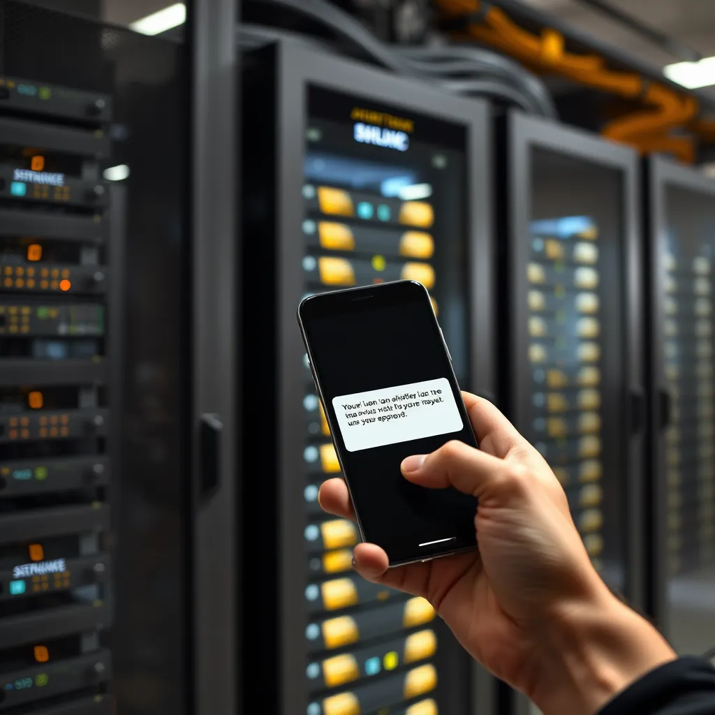 A modern, secure server rack in a data center. The server rack should be lit up, indicating active processing. In the foreground, a person is holding a mobile phone with a notification showing a loan approval message. The background should be a blur of network cables and technology, emphasizing the secure and fast processing.