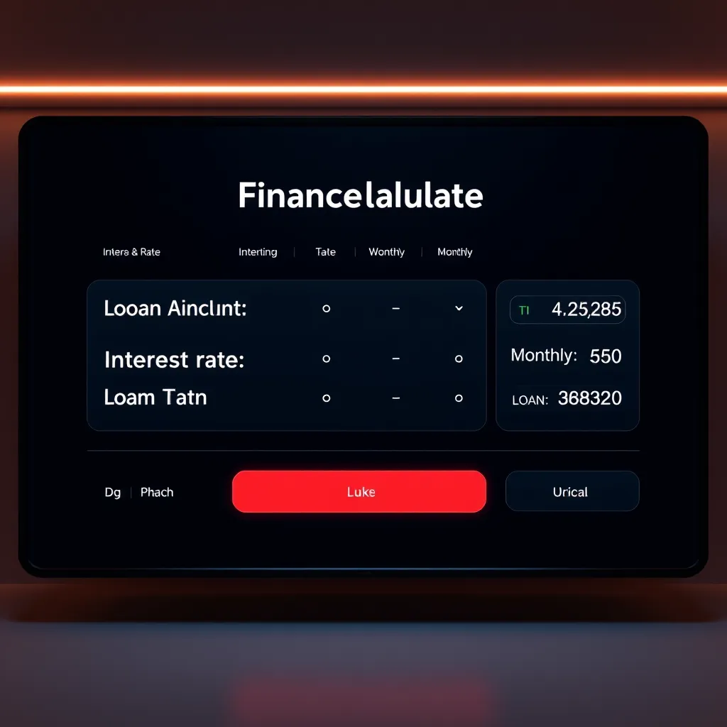A modern, sleek interface showcasing a finance calculator. The screen displays multiple tabs labeled "Loan Amount", "Interest Rate", "Loan Term", and "Monthly Payment". The interface should be clean and user-friendly, with interactive sliders and buttons for adjusting loan parameters.