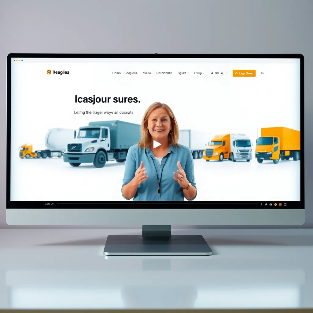 A modern, sleek website design with a video player prominently displayed.  Lisa is seen on the screen, explaining loan concepts with a friendly and engaging demeanor. In the background, a stylized graphic showing various commercial vehicles, trucks, and equipment is visible.