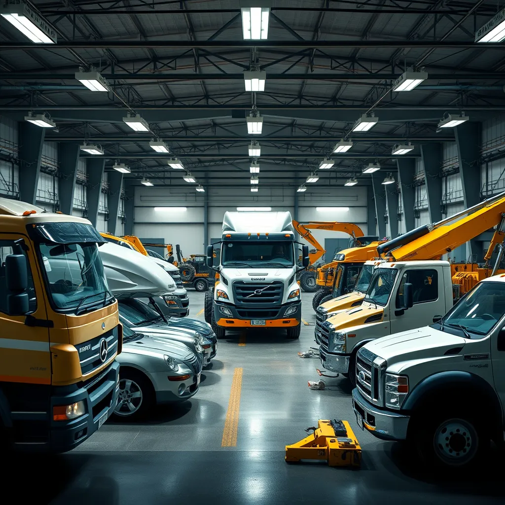 A modern, well-lit garage or workshop with a variety of vehicles, trucks, and construction equipment, showcasing a sense of professionalism and efficiency. The background should suggest a bustling business environment with workers in the distance, emphasizing the importance of reliable asset financing for operations.