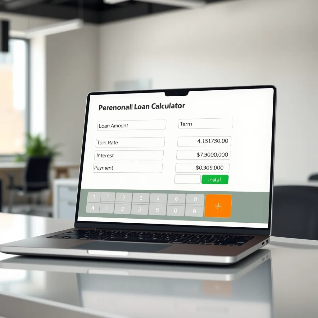 A modern laptop screen displaying a user-friendly personal loan calculator with fields for loan amount, interest rate, and loan term. The calculator is showing instant results for estimated monthly payment and total interest. The background is a clean, minimalist office setting with natural light.