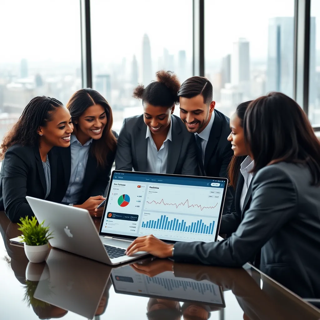 A modern office setting with a diverse group of professionals working on a laptop, showcasing a financial dashboard. The image should depict a collaborative and client-centric environment with a sleek and professional feel. Include a large window with a city skyline view to emphasize the scope of the business.