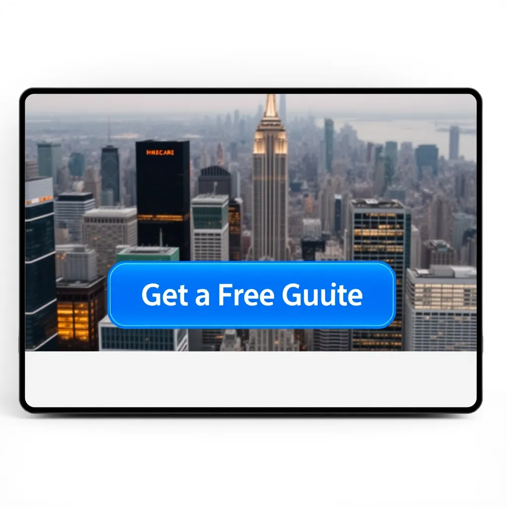 A modern website screen with a prominent button labeled "Get a Free Quote" in a vibrant blue color, surrounded by a sleek, minimalist design, with a background image of a bustling city skyline representing business and opportunity.