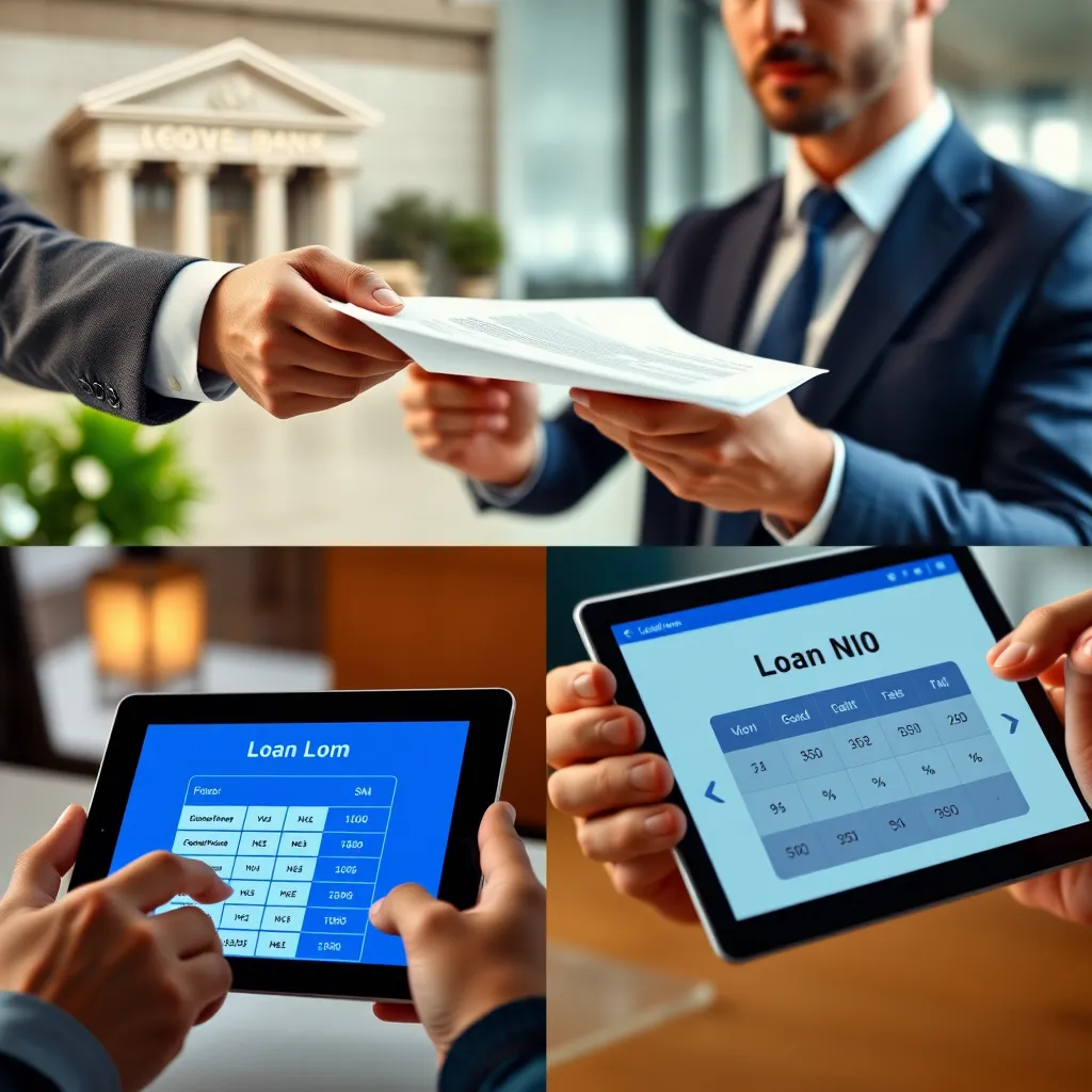 A montage of different loan options, including a bank representative handing over a loan agreement, a person signing a document, and a close-up of a digital tablet displaying a loan calculator application. The image should have a professional and trustworthy feel, showcasing the diverse options available.