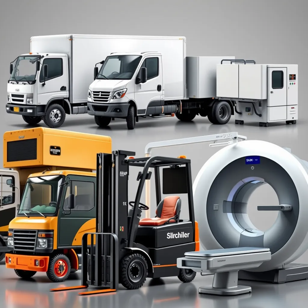 A montage of various types of commercial equipment, including a delivery truck, a forklift, a welding machine, and a high-tech medical scanner. Each piece of equipment should be clean, modern, and prominently displayed, reflecting the diverse loan options available for different businesses.