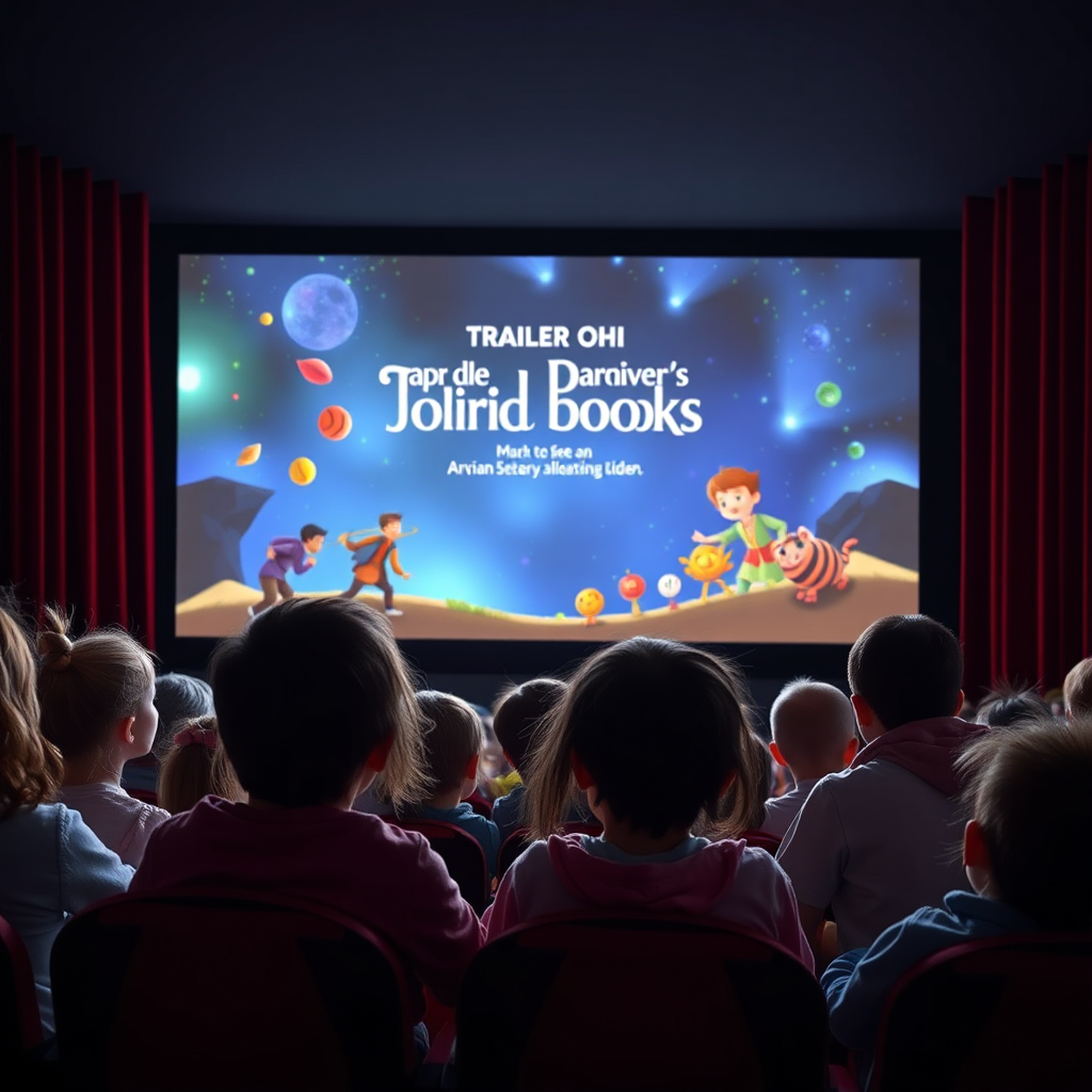 A movie theatre screen displaying a trailer for one of [Your Name]'s children's books. A group of children are seated in the audience, watching the trailer with excitement. Focus on the dynamic visuals and sound effects of the trailer. Technical specs: 4K resolution, vibrant colors.