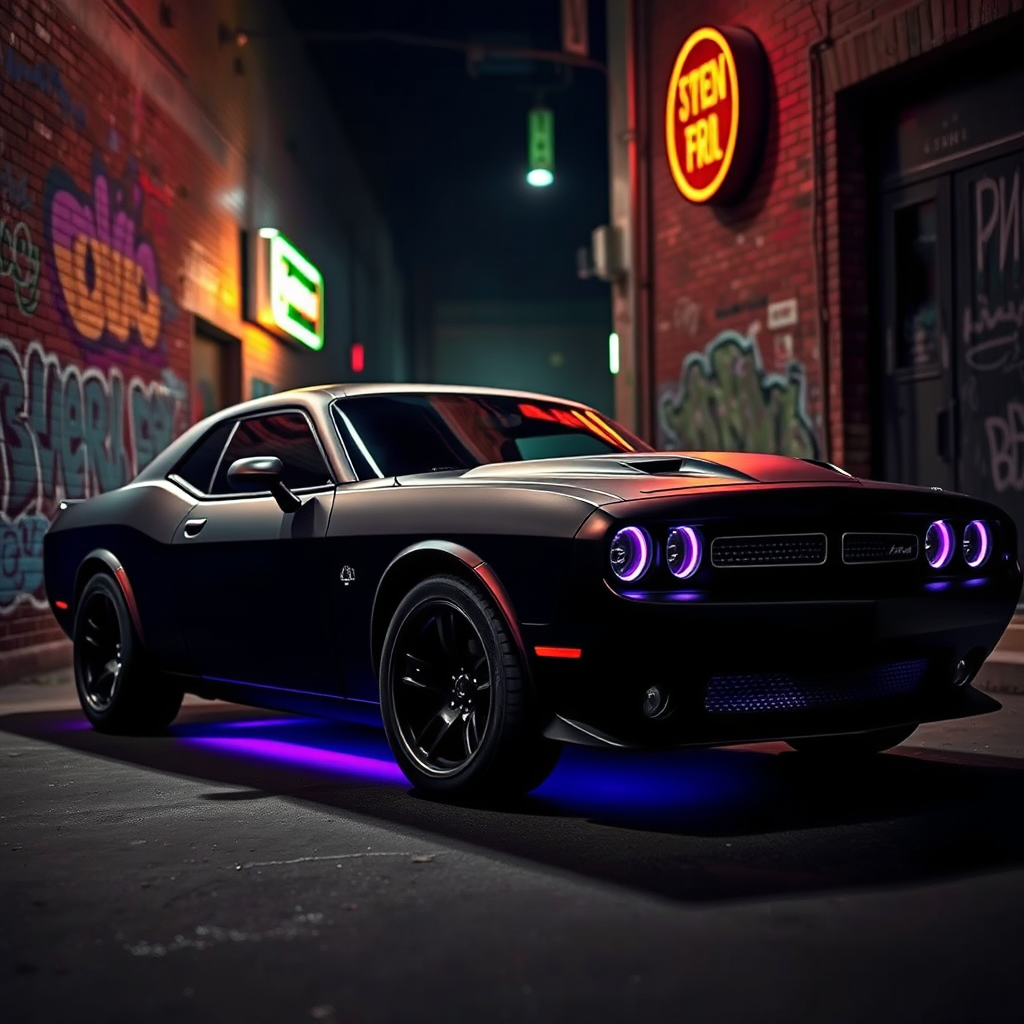Dark muscle car with purple underglow