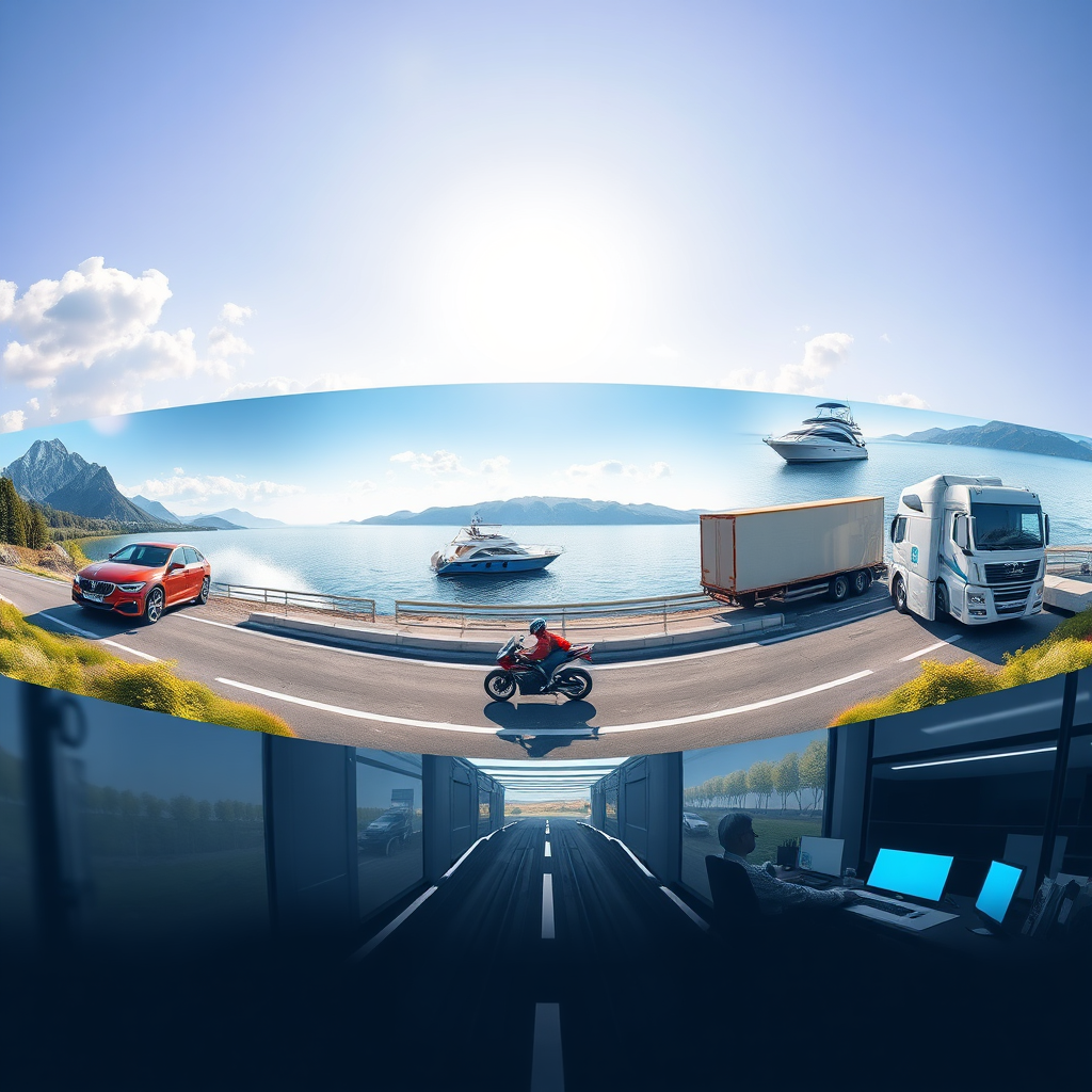 A panoramic shot showcasing various assets being financed. The scene includes a car driving on a scenic road, a boat sailing on a calm lake, a motorcycle speeding on a highway, a truck transporting goods, and business equipment in a modern office. The composition is dynamic and balanced, showcasing the diversity of assets. The lighting is bright and natural, highlighting the beauty and functionality of each asset. Color palette is vibrant and varied, reflecting the excitement of acquiring new assets. The camera angle is a wide shot, capturing the entire panorama. Texture details are hyperrealistic, showcasing the materials and design of each asset. The environment is a mix of natural and urban landscapes. Style reference: blend of automotive, marine, and industrial photography. Technical specs: 4K resolution, high-quality rendering with advanced lighting effects.