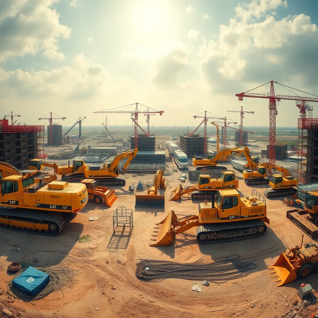 A panoramic view of a large construction site with various yellow goods, such as excavators, bulldozers, and cranes, actively working on a project. The image should convey a sense of scale and power, emphasizing the importance of specialized equipment financing for large-scale projects.
