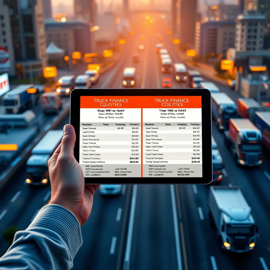 A person holding a tablet showing a side-by-side comparison of truck finance quotes from different lenders. The background is a bustling cityscape with trucks driving on a highway.
