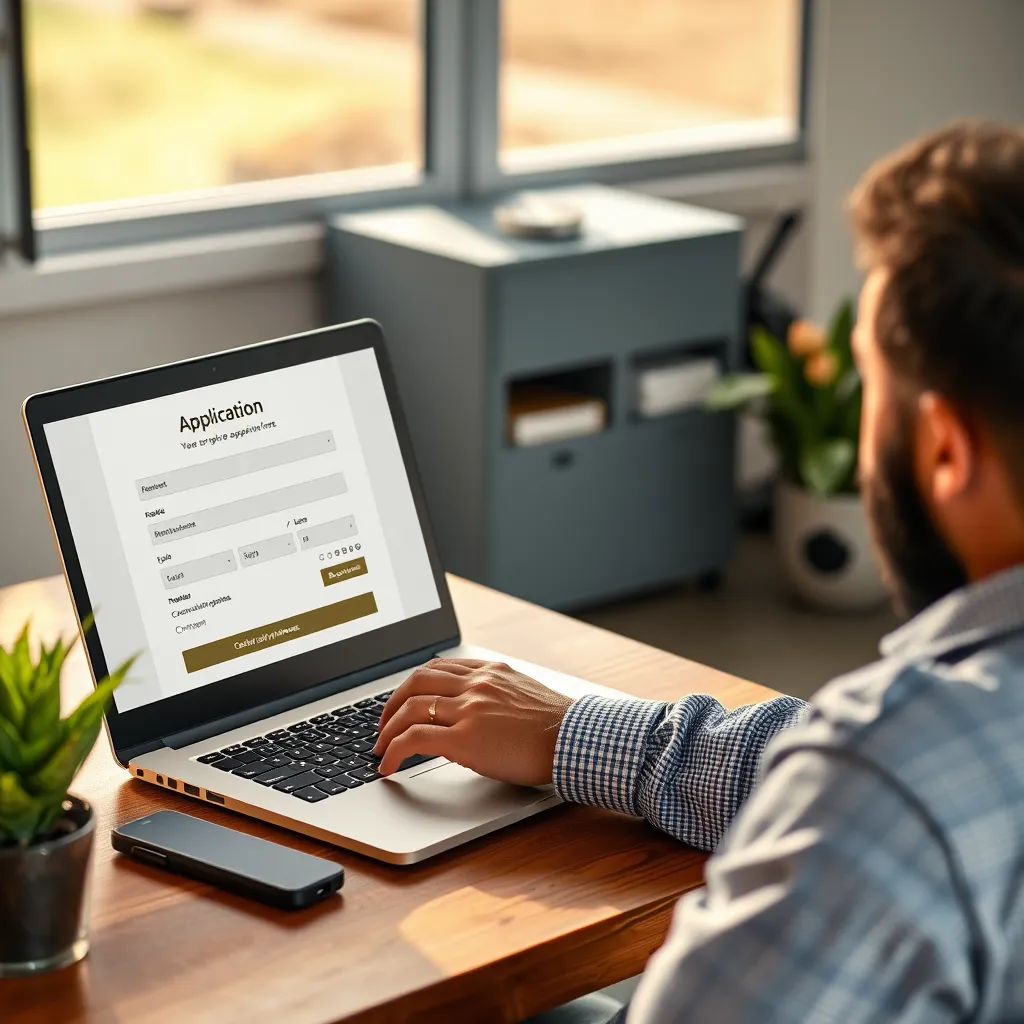 A person is sitting at a desk with a laptop, filling out an online application form for dirt bike financing. The image should be bright and inviting, with a focus on the ease of use and speed of the application process.