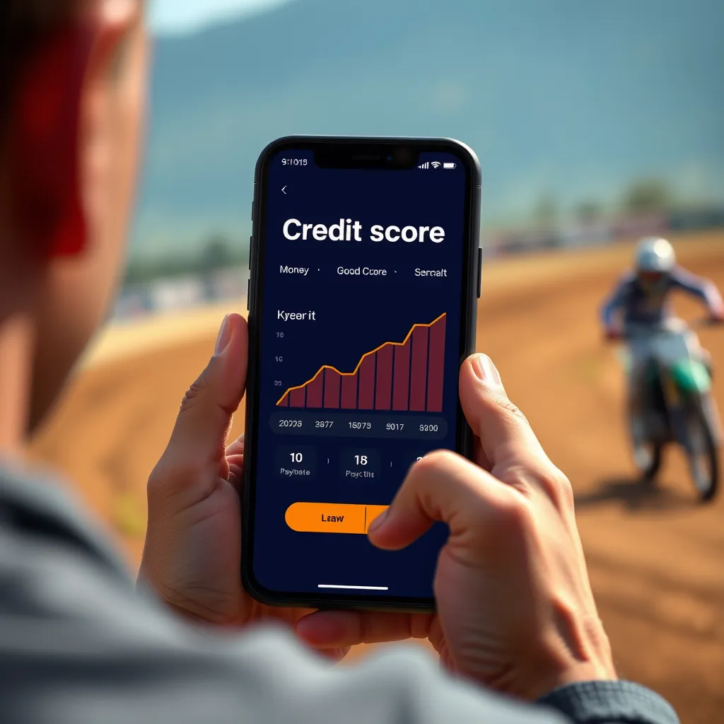 A person looking at their phone displaying their credit score, with a graphic representation of a rising line showing improvement over time. The background should be a blurred image of a dirt bike track, emphasizing the importance of good credit for achieving your dirt bike dreams.