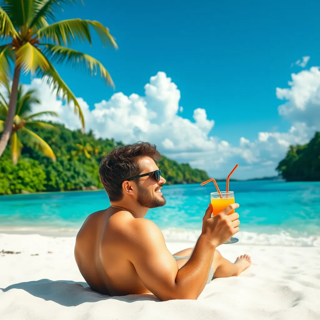 A person relaxing on a beach with a tropical drink, wearing sunglasses and looking out at the ocean. The beach is pristine with white sand and clear blue water. The person is smiling and appears relaxed and carefree. The background features palm trees and a lush green jungle. The sky is blue and sunny, with fluffy white clouds. The image should convey a sense of tranquility and enjoyment.
