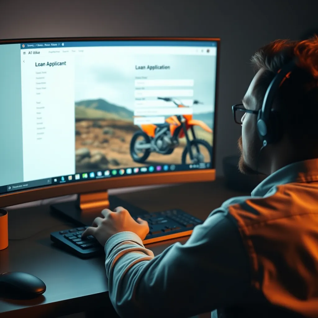 A person sitting at a computer, filling out an online loan application. The computer screen displays a loan application form with a dirt bike image in the background. The image should convey a sense of ease and accessibility.