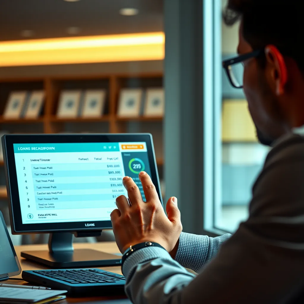 A person sitting at a desk, looking thoughtfully at a finance calculator display. The screen shows a detailed loan breakdown, including total interest paid and repayment schedule. The image should portray a sense of confidence and empowerment, emphasizing the importance of financial planning.