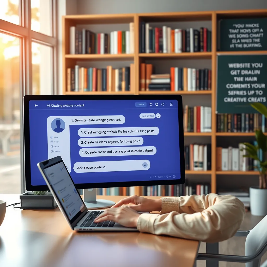 A person sitting at a desk in a bright office, working on a laptop. An AI chatbot interface is displayed on the screen, generating engaging website content and suggesting creative ideas for blog posts. The background features a bookshelf filled with books and inspiring quotes, emphasizing the creative process.