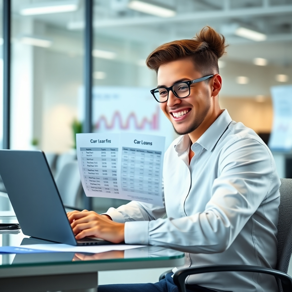 A person sitting at a desk reviewing various car loan offers and using a laptop to compare interest rates. They are smiling, and the background is a bright and modern office space with financial charts subtly in the background.  Photorealistic style, high detail, vibrant colors, focus on the happy and successful expression of the person.