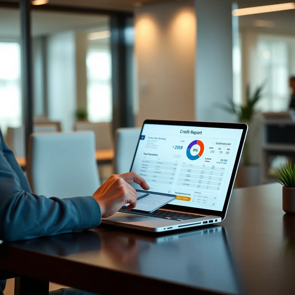 A person sitting at a desk reviewing a credit report, with a laptop open and a smartphone displaying a credit score app. The background should be a modern office setting with a sleek and professional aesthetic. The image should convey a sense of focus and determination.