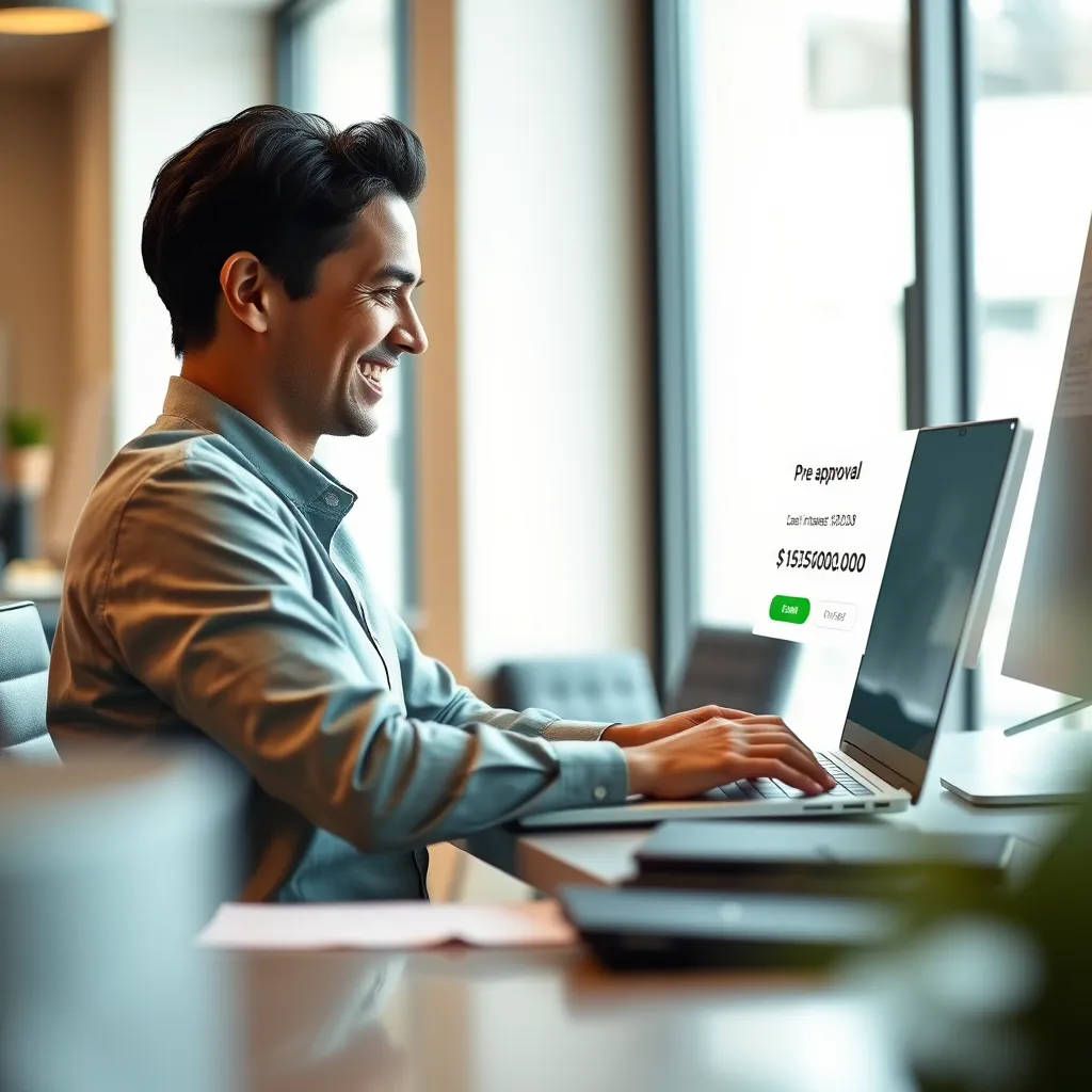 A person sitting at a desk using a laptop computer. They are smiling and looking at the screen, which shows a pre-approval notification with a loan amount and interest rate. The background should be a modern office setting with natural light. The image should convey a sense of excitement and satisfaction.