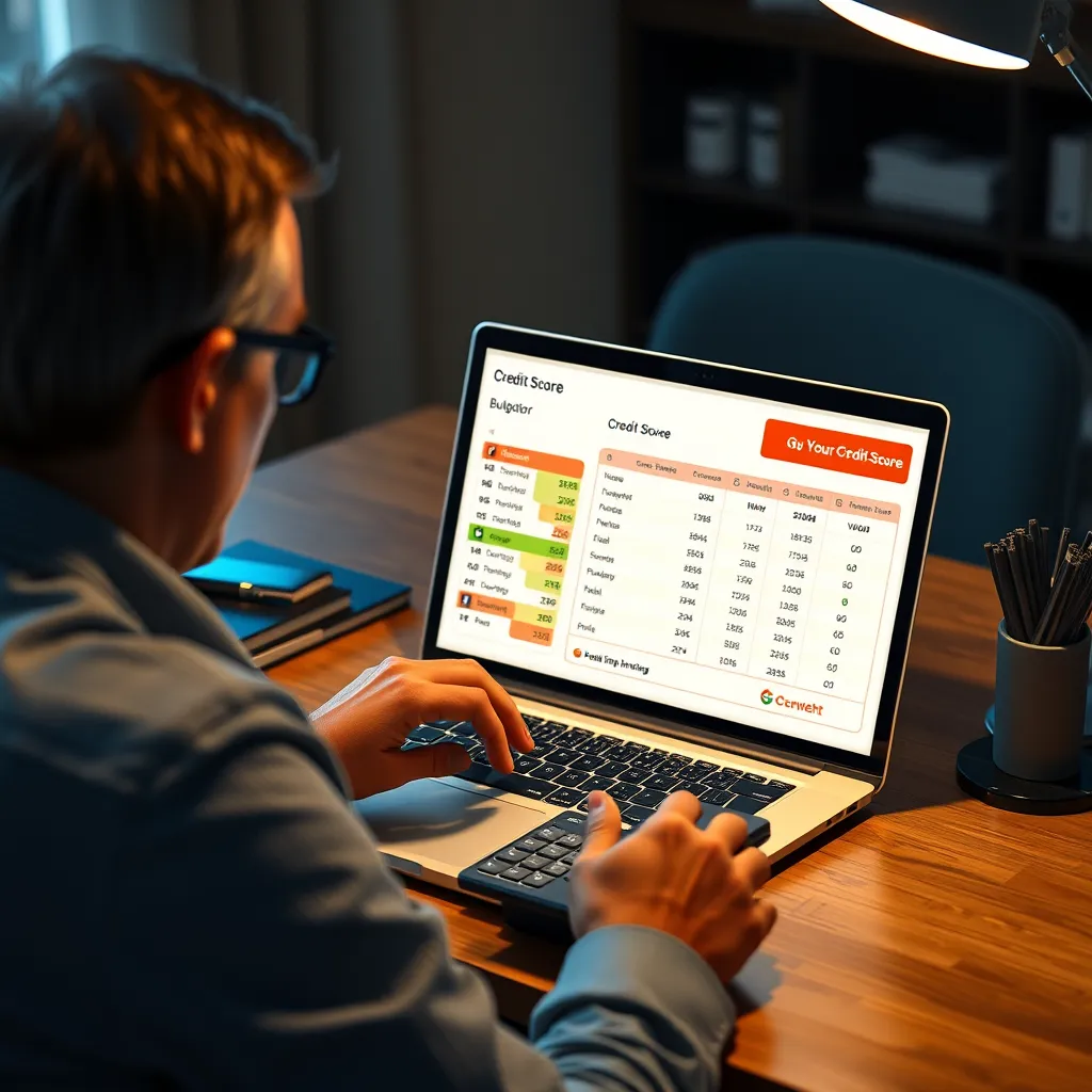 A person sitting at a desk with a calculator, reviewing their budget and credit score. They are looking at a laptop screen with a financial calculator and a credit score report. The image should convey a sense of thoughtful financial planning.