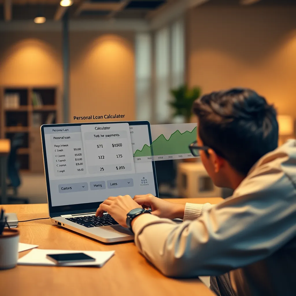 A person sitting at a desk with a laptop, thoughtfully looking at the screen where a personal loan calculator is displayed. The calculator shows estimated payments and total interest alongside a graph illustrating repayment over time. The background is a warm, inviting office space.