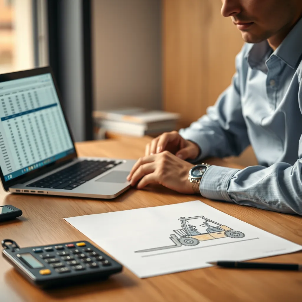 A person sitting at a desk with a calculator, a laptop displaying a financial spreadsheet, and a piece of paper with a hand-drawn sketch of a forklift. The scene should be bright and modern, with a sense of focus and determination.