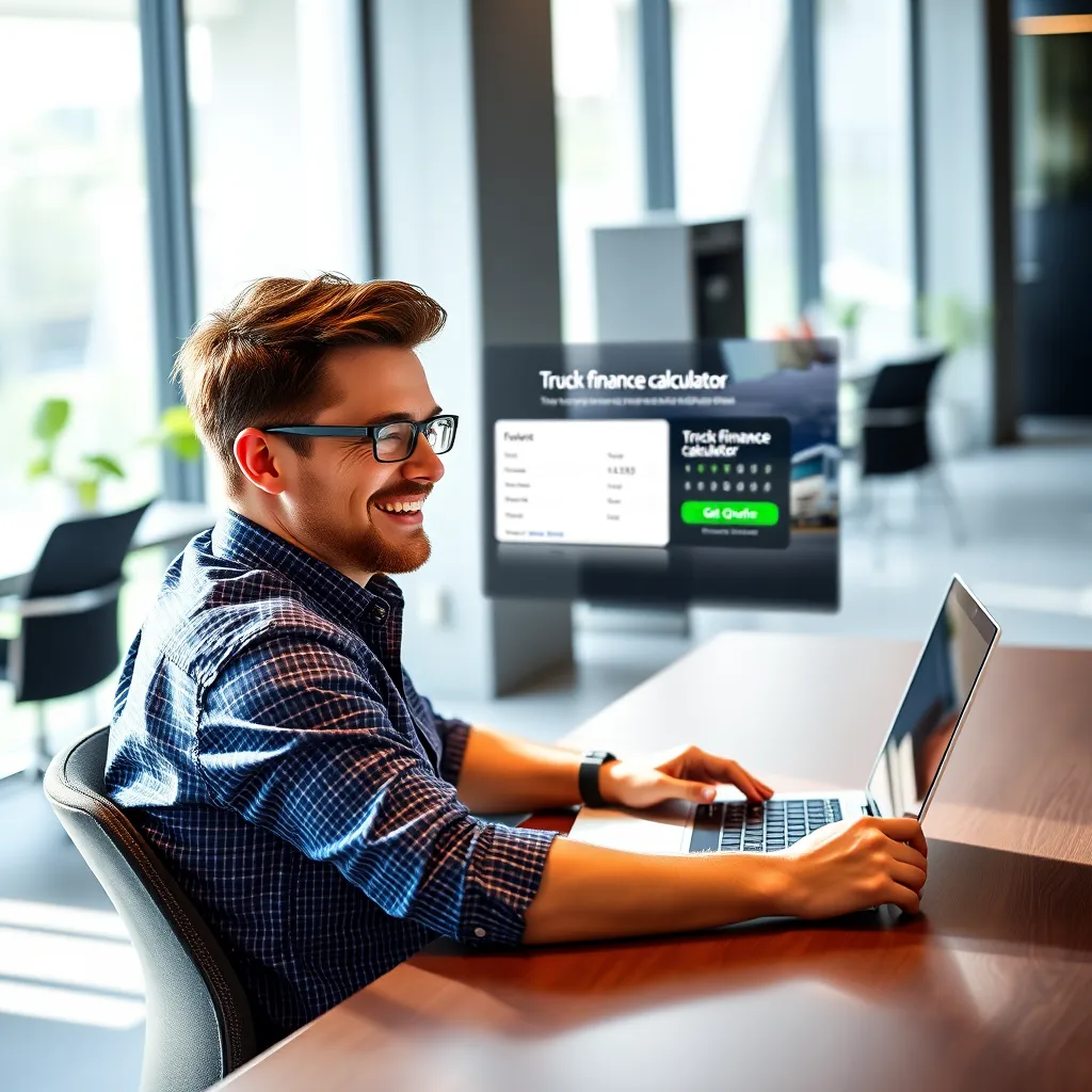 A person sitting at a desk with a laptop, smiling and looking at the screen. The screen shows a website with a truck finance calculator and a 'Get a Quote' button. The background is a modern office with natural light streaming in.
