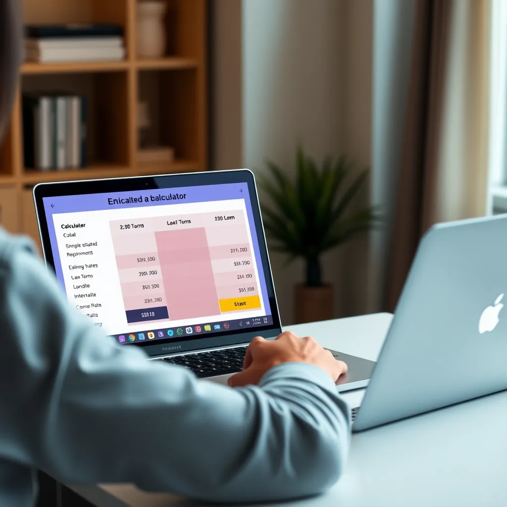A person sitting at a desk with a laptop, using the calculator tool to compare two different loan options. The screen shows a side-by-side comparison of estimated repayments, loan terms, and interest rates for each option.