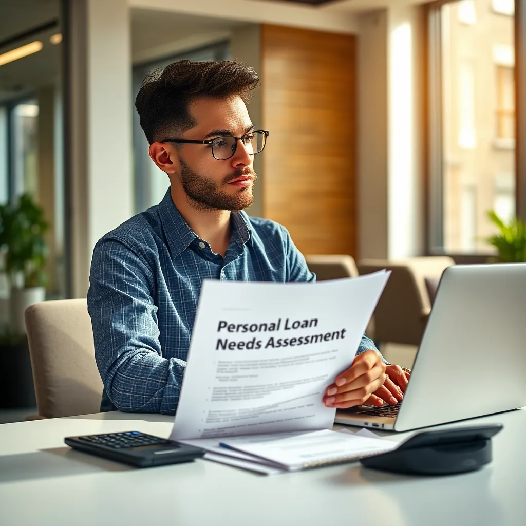 A person sitting at a desk with a laptop, looking thoughtfully at a document that says 'Personal Loan Needs Assessment' with a calculator and a notepad beside it. The background is a modern office with natural light streaming in.