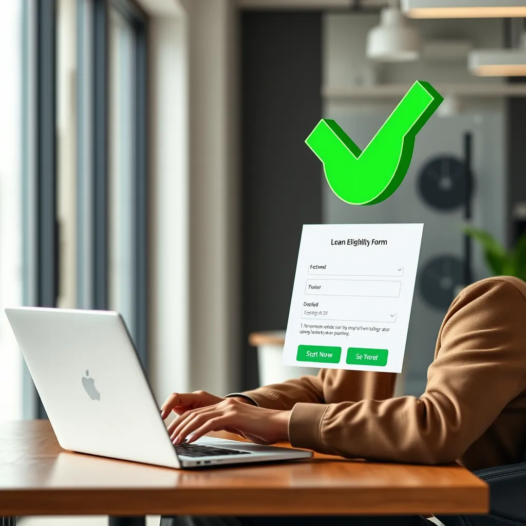 A person sitting at a laptop, smiling, with a large green checkmark above their head. The laptop screen shows a simple loan eligibility form. The background is a bright, modern office setting.