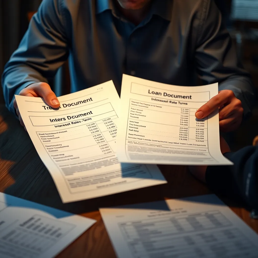 A person sitting at a table with several loan documents open in front of them, carefully comparing interest rates and terms from different lenders. The image should convey a sense of focused decision-making, highlighting the importance of thorough comparison.