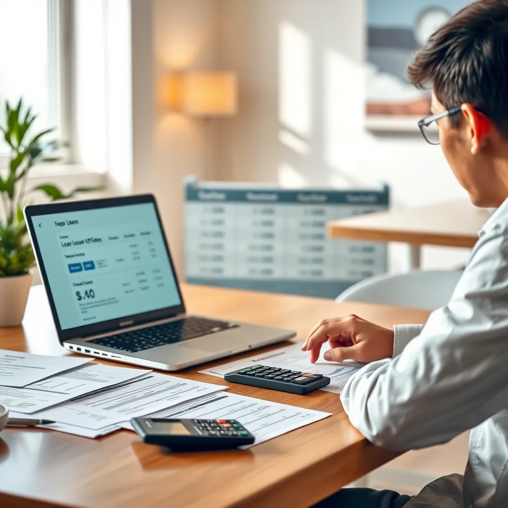 A person sitting at a table with a laptop open, comparing different loan offers from various financial institutions. The table is covered with documents and a calculator, emphasizing the process of financial analysis. The image should be set in a bright and inviting environment, representing a proactive approach to loan selection.