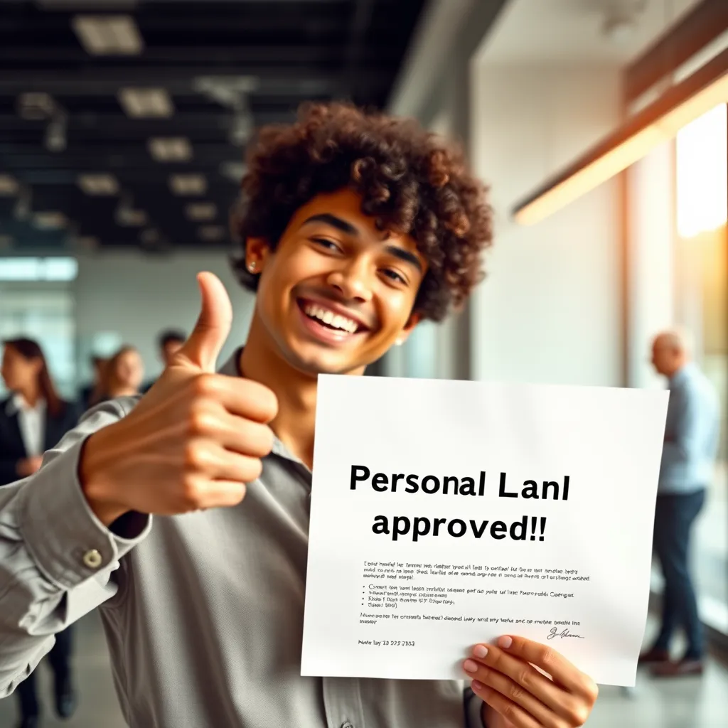 A person smiling and celebrating with a thumbs-up gesture, holding a document that says 'Personal Loan Approved!' with a large checkmark next to it. The background is a bright and modern office with a team of professionals in the background.
