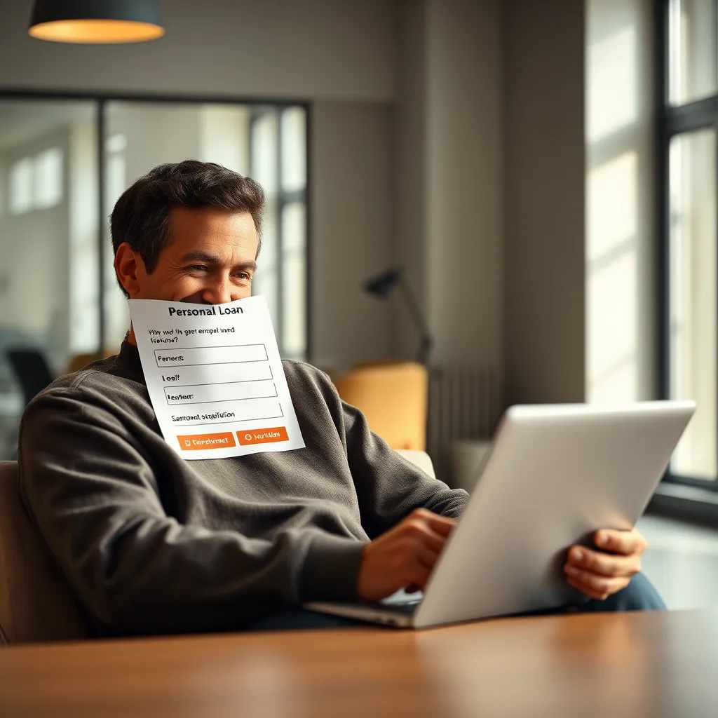 A person smiling and comfortably using a laptop to fill out an online application form for a personal loan. The form should be simple and easy to navigate. The background should be a modern and minimalist office setting with natural light.