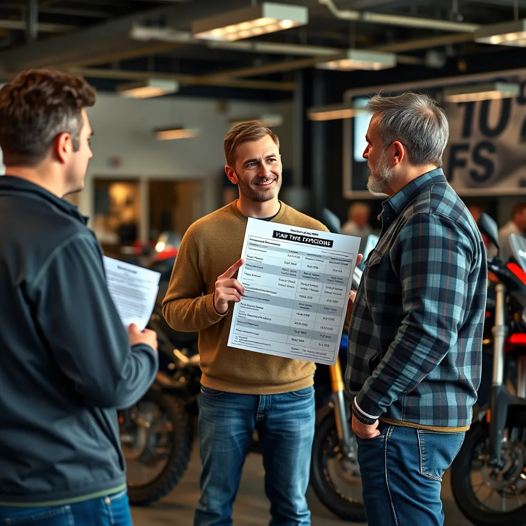 A person standing in a motorcycle dealership, talking with a salesperson. They are looking at a dirt bike and have a document with loan options from different lenders in their hand. The background should show other motorcycles and the dealership environment.