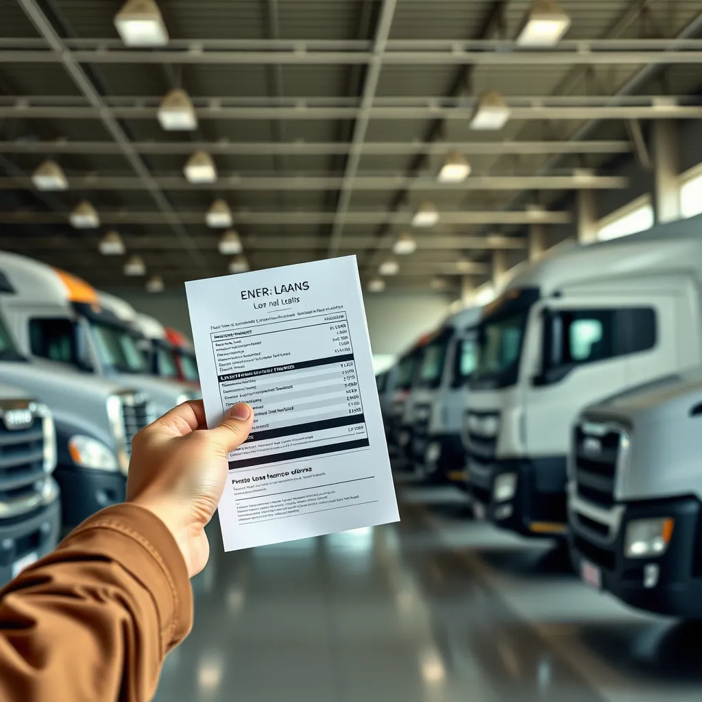 A person standing in a truck dealership, comparing loan offers from different lenders.  The image should focus on the person's hand holding a document with loan details and the background featuring a variety of trucks.  The scene should convey the importance of shopping around for competitive loan rates.