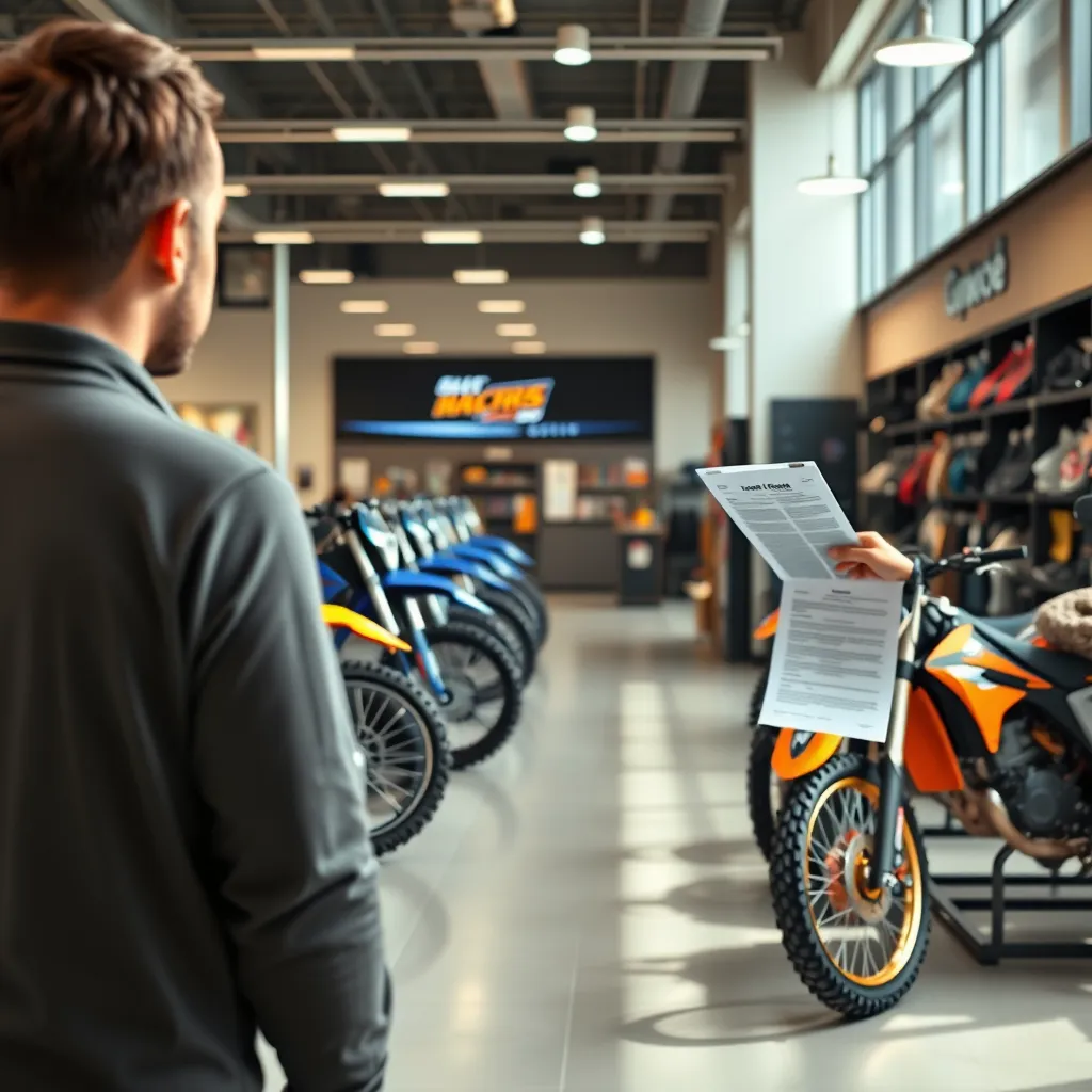 A person standing in front of a dealership, looking at a row of shiny dirt bikes, with a loan officer holding a document and explaining the different loan options available. The dealership should have a modern and welcoming atmosphere, with bright lighting and a display of accessories.