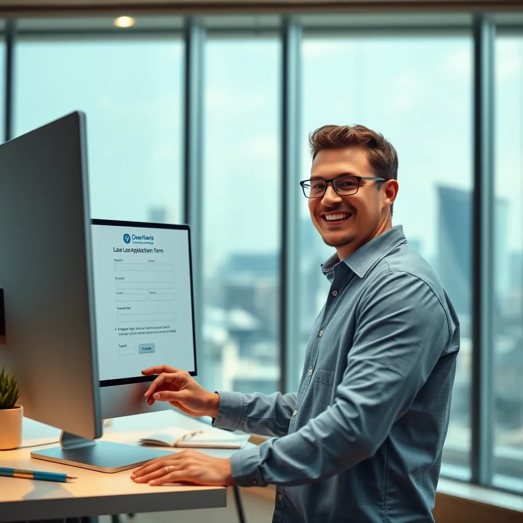 A person standing in front of a computer screen, smiling as they fill out a loan application form online. The background should be a modern, light-filled office with a cityscape view.