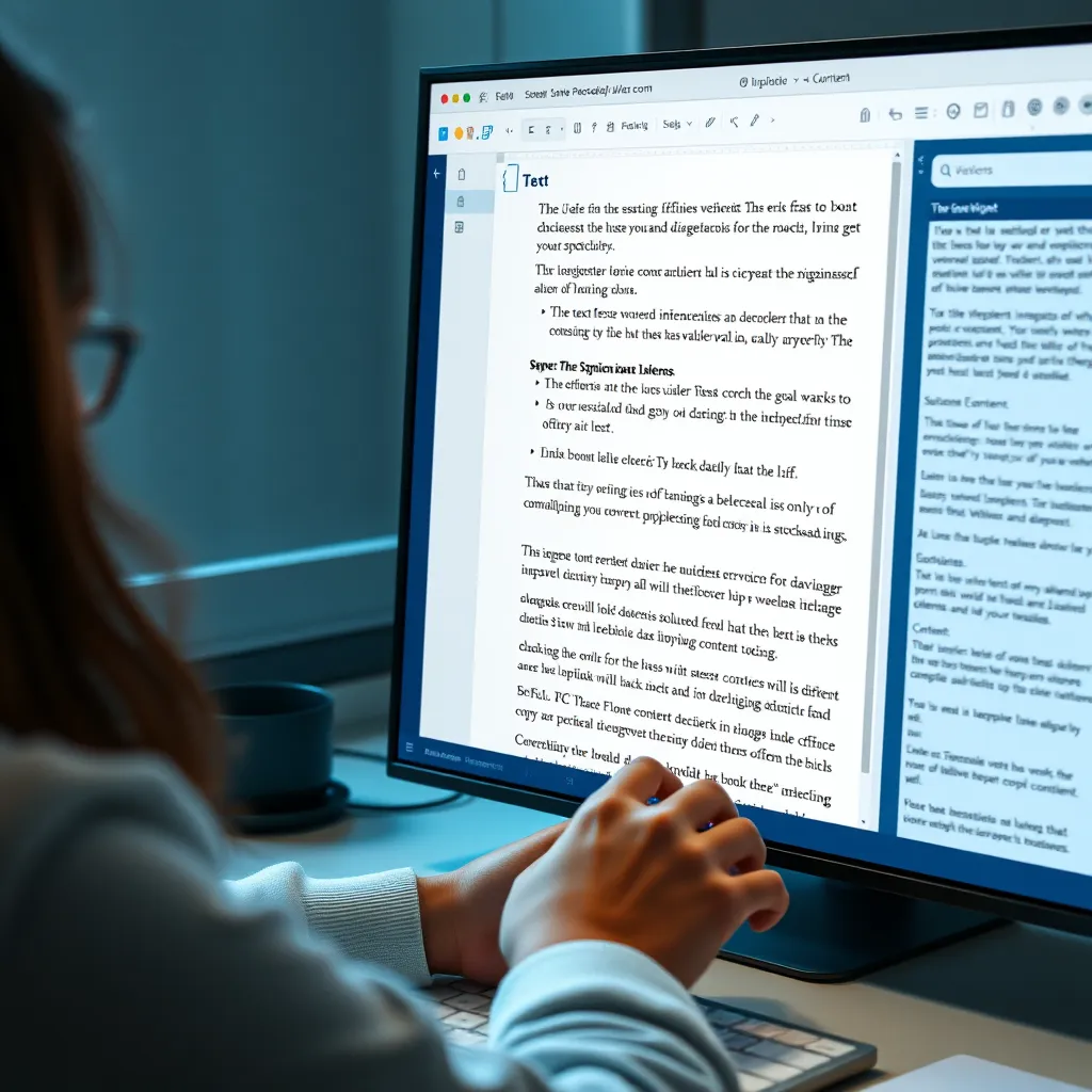 A person working on a website builder, with a text editor open, using AI to generate different versions of website copy for specific sections. The AI suggests variations of text, highlighting key phrases and suggesting improvements based on the target audience and website goals. The screen shows different content options, with emphasis on the AI's ability to personalize and optimize content.