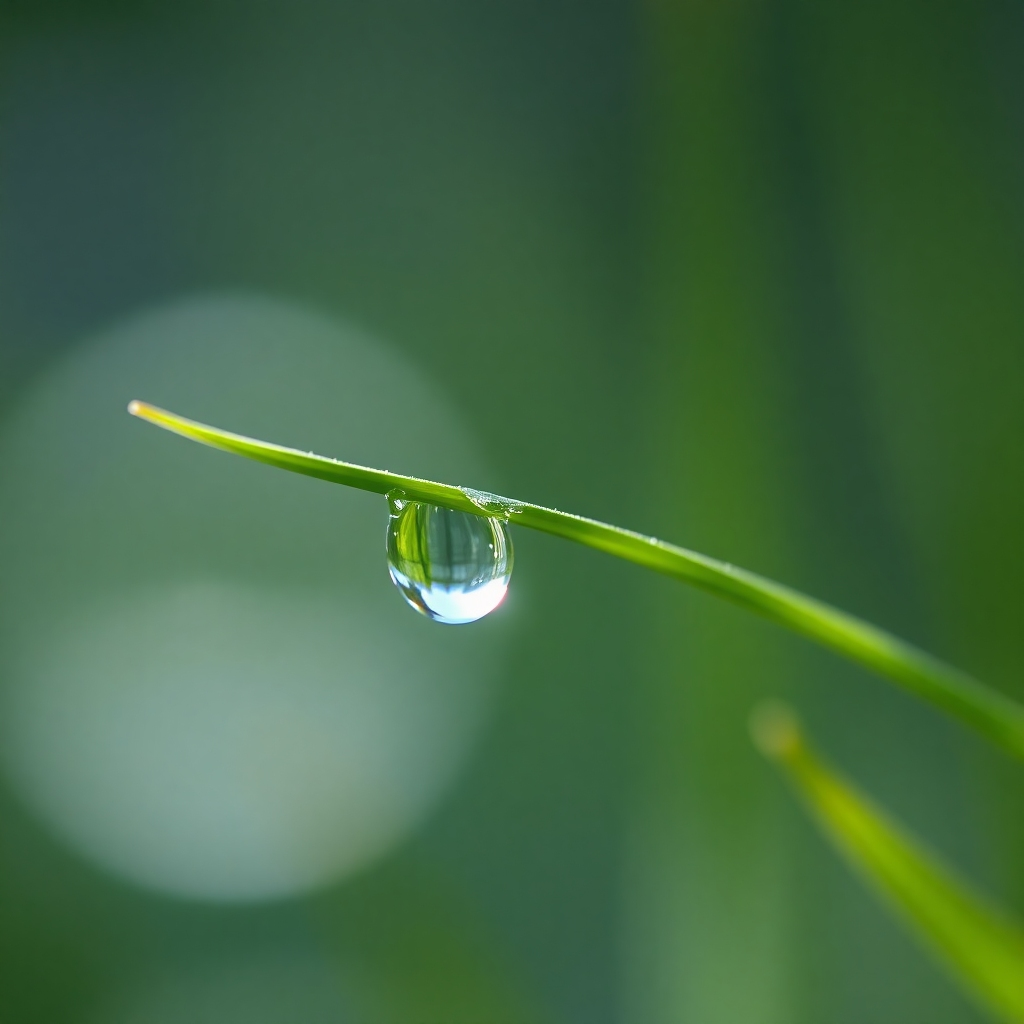 A photorealistic close-up shot of a dewdrop clinging to a blade of grass, with the background slightly blurred, emphasizing the delicate beauty of the dewdrop. The lighting should be soft and natural, highlighting the translucency and reflection in the water droplet.