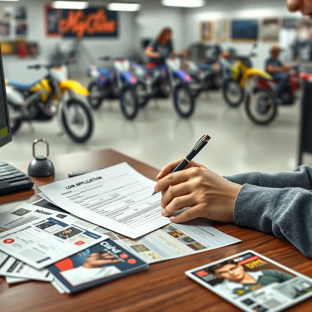 A photorealistic illustration of a person sitting at a desk, filling out a loan application form with a pen. The desk is cluttered with relevant documents like a driver's license, pay stubs, and a dirt bike brochure. The background should be a blurred image of a dirt bike dealership with mechanics working on bikes.
