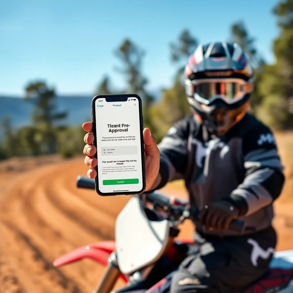 A photorealistic illustration of a dirt bike rider holding a smartphone displaying a loan pre-approval notification. The background shows a scenic dirt track with trees and a blue sky. The illustration should convey a sense of excitement and anticipation.