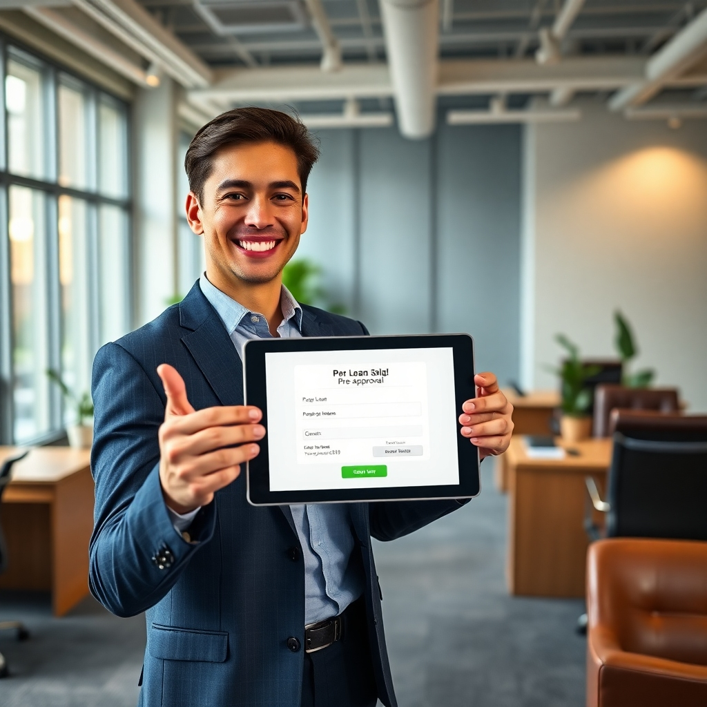A photorealistic image, 8K resolution, hyperrealistic detail, soft natural lighting illuminating a modern, minimalist office.  A young, friendly finance professional smiles warmly at the camera, gesturing towards a tablet displaying a car loan pre-approval application.  The office is bright and airy with large windows and plants.  The professional is wearing smart casual attire. The color palette is calming and professional, with muted blues and greens.  The camera angle is a medium shot, slightly elevated.  The tablet screen displays positive pre-approval information and should not be blurry.  Textures include smooth wood desks, plush carpeting, and soft leather chairs. The background is intentionally blurred to focus on the professional and the tablet. In the style of a high-end advertising campaign for financial services.