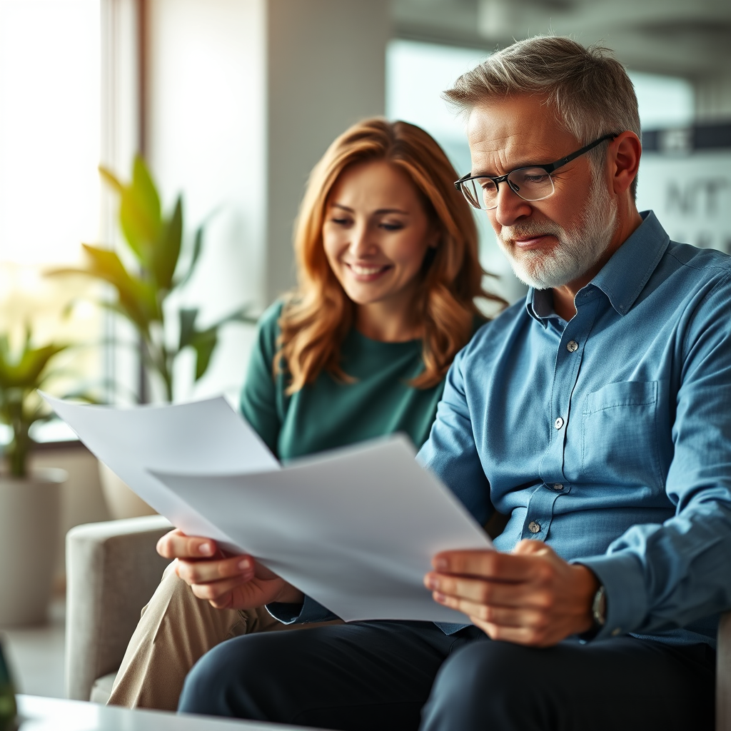 A photorealistic image depicting a financial partner providing support. The scene shows a financial advisor working closely with a client, reviewing financial documents and offering guidance. The composition is warm and supportive, emphasizing trust and partnership. The lighting is inviting and professional, creating a comfortable atmosphere. Color palette is consistent and reassuring, using blues, greens, and neutral tones. The camera angle is a medium shot, focusing on the faces and interaction between the advisor and client. Texture details are realistic, capturing the expressions and body language of the people. The environment is a modern office space with subtle branding elements. Style reference: modern corporate photography with an emphasis on human connection and support. Technical specs: 4K resolution, high-quality rendering with natural lighting and soft focus.