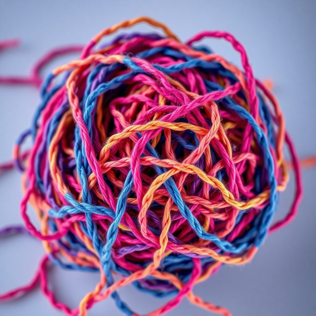 A photorealistic image depicting a tangled ball of yarn, with some strands neatly separated and organized, representing the complexities and simplicities of life's journey. Use vibrant, contrasting colors and a soft lighting style.