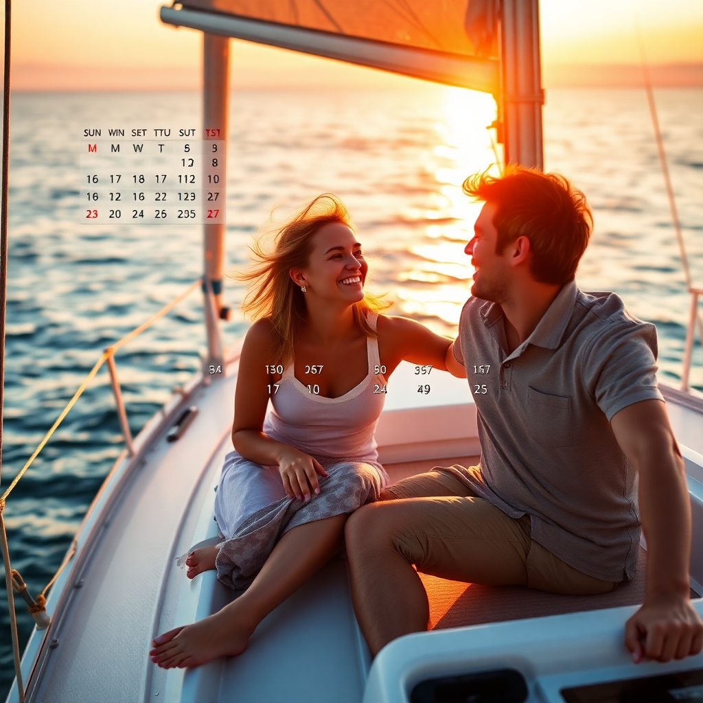 A photorealistic image depicting a happy couple relaxing on the deck of their trailer sailer sailboat, enjoying the sunset.  A calendar overlay should subtly show various payment dates, emphasizing the flexibility of repayment options. The image should be warm and inviting, evoking a feeling of financial freedom and carefree enjoyment of their boat. The background should be a stunning seascape with calm waters and soft lighting.
