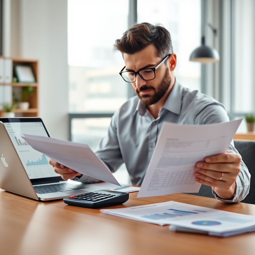 A photorealistic image depicting a business owner reviewing financial documents, a calculator, and a laptop displaying graphs and charts showing tax savings. The background should be a modern office setting with natural light.