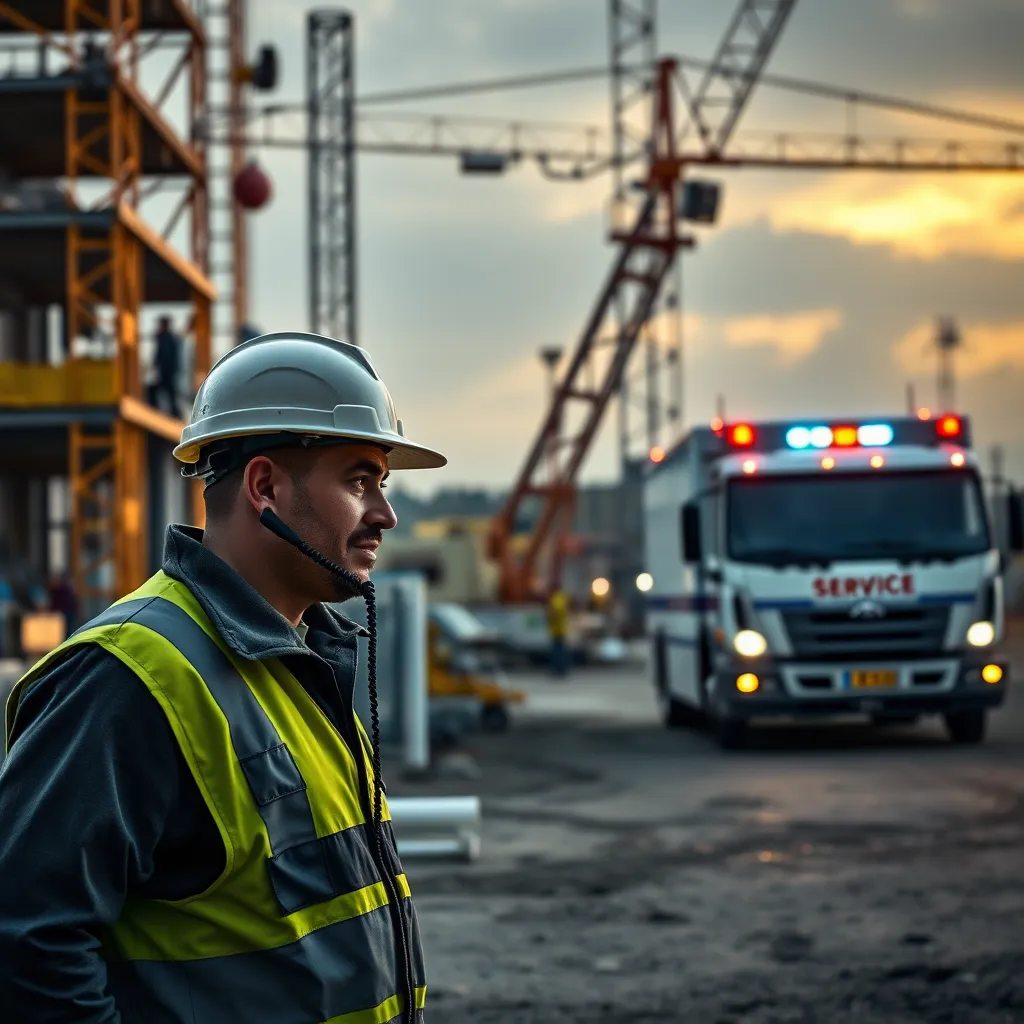 A photorealistic image depicting a construction site with a crane and other equipment. The scene should highlight a worker talking on a phone, likely with a service technician, and show the quick arrival of a service truck with flashing lights in the background. Emphasize the sense of urgency and efficiency.