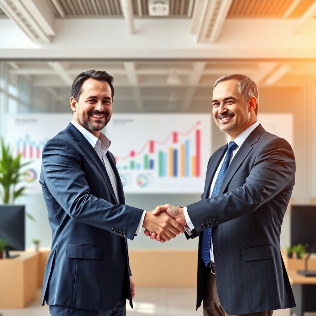 A photorealistic image depicting two business partners shaking hands in a modern office setting.  In the background, there are charts and graphs depicting business success, subtly hinting at collaborative work and shared success.  The scene is brightly lit and professionally styled, conveying trust and partnership.